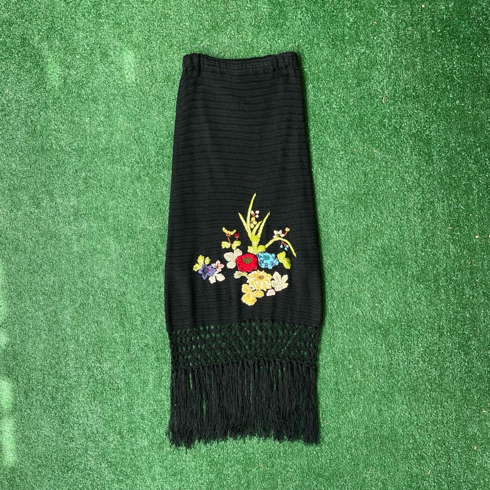 Vintage Sue Wong Black Maxi Skirt with Multicolor Floral Embroidery and Fringe